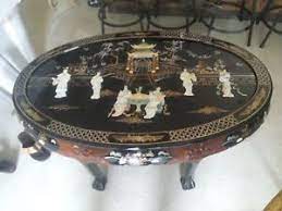 Dragon leg oriental end table inlaid pearl with gloss lacquer. Oriental Asian Inlayed Mother Of Pearl Coffee Table With Six Stools Ebay
