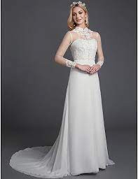195 49 A Line Wedding Dresses High Neck Court Train Chiffon Lace Long Sleeve Vintage Plus Size Backless With Lace Buttons 2021 High Neck Wedding Dress Wedding Dresses A Line Wedding Dress