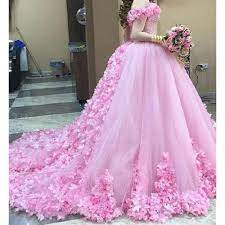 Pink Prom Dresses 2020 Off The Shoulder Beading Sequins Crystal Hand Made Flowers Evening Dresses Robe De Soiree Cheap Bridal Dresses Ball Gowns Wedding Ball Gowns