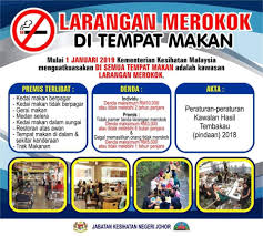 Pada bulan januari tahun 2019, larangan merokok di kawasan awam membabitkan semua tempat makan di seluruh negara telah dilaksanakan. Info Larangan Merokok 2019 Kedai Makan Kak Jah Facebook