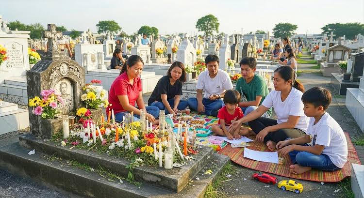 Tradisi ziarah keluarga saat Pangangaluluwa, AI generated