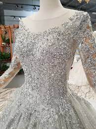 Hw23 Grey Long Sleeve Crystal Beaded Wedding Gown With Matching Veil Beaded Wedding Gowns Wedding Gowns Wedding Dress Long Sleeve