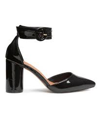 Black Open Sided Pumps In Imitation Patent Leather Pointed Toes Ankle Strap Black Patent Shoes Black Patent Leather Shoes Stylish Shoes For Women