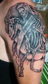 The four horsemen of the apocalypse are described in the last book of the new testament of the bible, called the book of revelation, at the beginning of chapter 6. Fufred Four Horsemen Death Of The Apocalypse In Progress Fourhorsemen Death Reaper Apocalypse Cover Up Tattoo Black And Grey