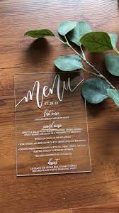 Clear Acrylic Menu In White Ink Acrylic Invitations Acrylic Wedding Invitations Wedding Invitations Diy
