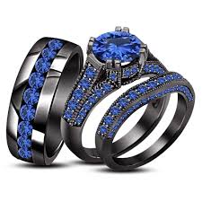 Her Black And Blue Engagement Rings Blue Sapphire Black Gold Pl 925 Silver His Her Trio Engagement Band Ring Set Trioengagementri Blue Sapphire Wedding Band Black Gold Ring Black Gold Jewelry