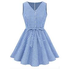 Light Blue Stripe V Neck Button Up Casual Dress 379 045 Idr Liked On Polyvore Featuring Striped Sleeveless Dress Pleated Mini Dress Women S A Line Dresses