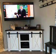 Corner Tv Stand Farmhouse Style Corner Unit With Barn Door Etsy Farm House Living Room Farmhouse Tv Stand Living Room Tv Stand