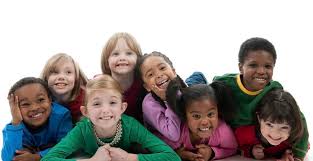 A diverse group of children on a white ...