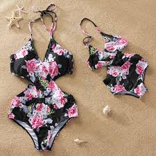 1 Piece Floral Printed Hollow Out Swimsuit For Mom And Me Mom Swimsuit Matching Family Outfits Matching Outfits