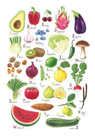 Fruit And Vegetable Abc Poster Vegan Abc Poster Giclee Print Abc Poster Vegetable Drawing Vegetable Illustration