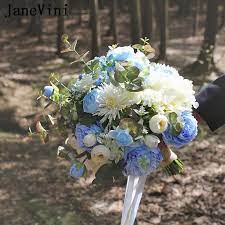 Blue and white wedding bouquets. Janevini Vintage Wedding Bouquet Blue Bridal Flowers Artificial White Silk Roses Bride Fake Bouquet Spring Bouquet Mariage 2019 Wedding Bouquets Aliexpress