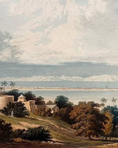 The English Fort of Bombay This hand-coloured copper engraving presents two views on a single plate of the English Fort of Bombay — the Castle — the upper showing it from the