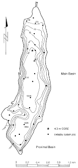 sample locations and bathymetry of chephren lake isobaths