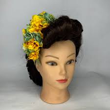 One Off Large Vintage Style Green & Yellow Bendy Cascade Head Piece Pin Up  Hair Flower