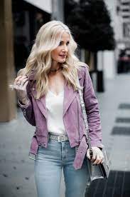 My Go To Spring Clothing Item This Year Is This Blank Nyc Lavender Moto Jacket Purple Jacket Outfit Purple Leather Jacket Jacket Outfits