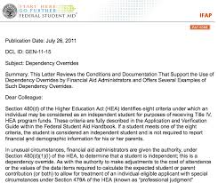 Dear Colleague Letter Gen 11 15 Dependency Overrides Financial Aid Administration Student