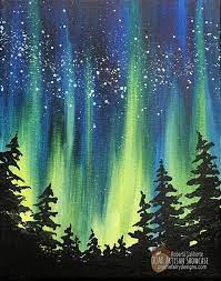 Using a fan brush, sketch in your trees, working from the bottom to the top. 10 Tips To Paint Galaxies With Examples Northern Lights Painting Painting Art Projects Canvas Art Painting