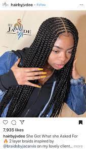 Box braided hairstyle for black girls. 2 Layer Braids Braided Hairstyles Girls Hairstyles Braids African Braids Hairstyles