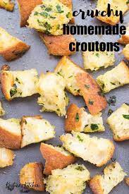 Crunchy Homemade Croutons Recipe These Easy Baked Croutons Are So Good On Soup And Salads Make Them With White Bre Croutons Homemade Crouton Recipes Croutons