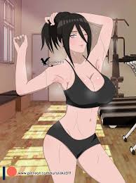 agung911, hyuuga hanabi, boruto: naruto next generations, naruto (series),  highres, tagme, 1girl, armpits, arms up, black hair, blurry, blurry  background, breasts, cleavage, dripping, exercise machine, gym, hair  between eyes, holding, holding hair,