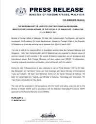 The current minister of foreign affairs of malaysia is hishammuddin hussein, since 10 march 2020. Wisma Putra On Twitter Press Release The Working Visit Of H E Dr Vivianbala Minister Of Foreign Affairs Of The Republic Of Singapore To Malaysia 23 24 March 2021 Hishammuddinh2o Ikramshahrul Amran Zin Nadziraho H2ocomms