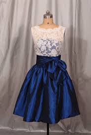 Navy Blue Taffeta With White Lace Bridesmaid Dress With Bow Beautiful Short Formal Dress