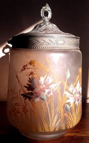 Ancien Seau A Biscuits En Verre Givre Emaille Legras Decor Floral Ebay Emaille