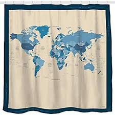 Sunlit Designer New World Map Quality Fabric Shower Curtain With Countries And Ocean Blue And Beige Blue Map Curtains Shower