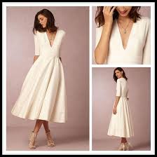 Discount Chic Tea Length Cheap Wedding Dresses Under 100 Deep V Neck A Line White Long Sleeve Wedding Dress Short Vestidos De Novia From Bhldn Princess Line Wed White Long Sleeve