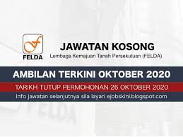 Peluang permohonan terbuka kepada pemohon yang berkelayakan dan berminat untuk mengisi kekosongan jawatan di tentera laut diraja malaysia (tldm). Jawatan Kosong Felda Oktober 2020