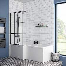 Arezzo Shower Bath 1700mm L Shaped With Matt Black Grid Screen Panel Victorian Plumbing Uk Bath Screens Shower Bath Shower Over Bath