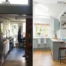 galley kitchen makeover with pale blue