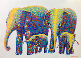 Elephant family pencil drawing print. Elephant Family Painting Original Elephant Canvas Painting For Sale