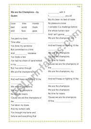 Click tae see tha original lyrics. We Are The Champions Lyrics Esl Worksheet By Alizarichter