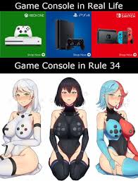 LF Color Source: Game console in real life Game console in rule 34  3girls, bare shoulders, black hair, blue eyes, blue hair, bridal gauntlets,  green eyes, heterochromia, large breasts, meme, nintendo switch,