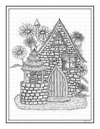 Tall fairy house with a terrace and trees. Saltbox And Wishing Well Printable Fairy House Coloring Page Fairy Coloring Pages Coloring Books Coloring Pages