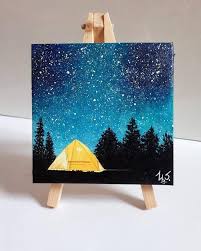 Mini Galaxy Tent Pine Trees Acrylic Painting Original Art Tiny Canvas With Easel Cute Tent Starry Night Pine Trees In 2020 Simple Canvas Paintings Mini Canvas Art Simple Acrylic Paintings