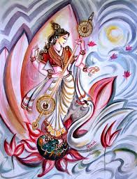 Goddess Saraswati Original Water Color Painting Lotus Swans Indian Mystical Purity Intelligence Wisdom Musical Art By Harsh Malik Indian Art Paintings Saraswati Painting Art