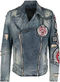 Balmain Patch Embroidered Denim Biker Jacket Farfetch Denim Biker Jacket Biker Jacket Men Denim Jacket Fashion