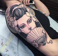 Nowadays, only a few women desire to become a geisha due to its rigid and lengthy training. Outline Flowers And Geisha Tattoo On Right Half Sleeve