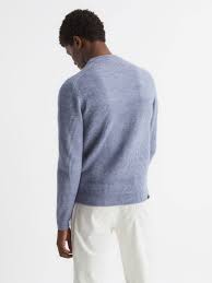 REISS Marcus Crew Neck Ribbed Wool Blend Jumper in Airforce Blue Melange