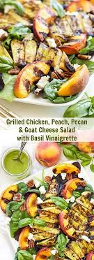 Consider this your one stop shop for the tastiest main dish salads with grilled meat, summer salads with fruit, salads for a picnic—basically any salad recipe you might wish for for any occasion you've got on your calendar. Grilled Chicken Peach Pecan And Goat Cheese Salad With Basil Vinaigrette Basil Vinaigrette Doubles As A Ma Summer Salads Main Dish Salads Delicious Salads