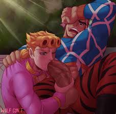 wolf con f, giorno giovanna, guido mista, jojo no kimyou na bouken,  highres, 2boys, bara, blonde hair, blush, drooling, erection, fellatio,  green eyes, hat, large penis, male focus, multiple boys, oral, outdoors,