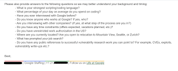 My Experience With Google Interview For Information Security Engineer I see the questions along with all of the answer choices in order, but seemingly no difference between any of. my experience with google interview for
