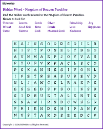Let's find the following halloween words in the puzzle: Kingdom Of Heaven Parables Hidden Word Kids Korner Biblewise