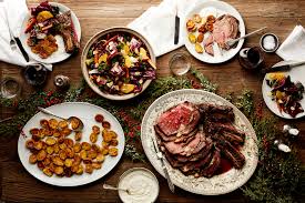 Roasted root vegetables as a side dish, mashed potatoes, gravy, and the centerpiece being a stuffed roasted fowl. Easy Christmas Dinner Menu With Beef Rib Roast Epicurious