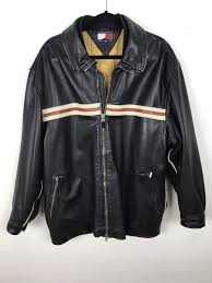 Vintage 90s Mens Tommy Hilfiger Leather Jacket Motorcycle Black Red White Size M Tommyhilfiger M Leather Jacket Vintage Tommy Hilfiger Jackets Flannel Jacket
