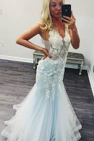Gorgeous V Neck Sky Blue Mermaid Long Prom Dress With Lace Appliques Prom Dresses Long Dresses Long Prom Dress