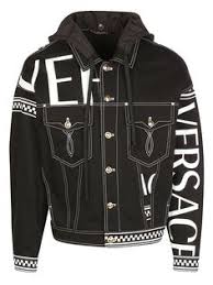 Versace Contrast Stitch Logo Printed Denim Jacket In Black Modesens Printed Denim Jacket Printed Denim Denim Jacket